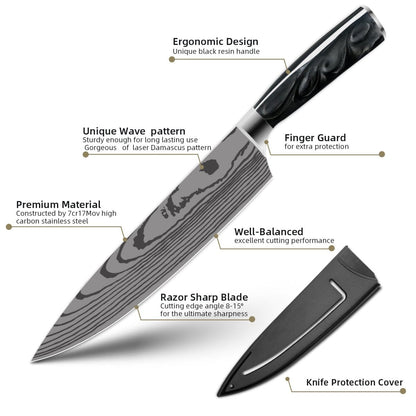 10 Piece High Carbon Stainless Steel Knife Set With Black Resin Handle