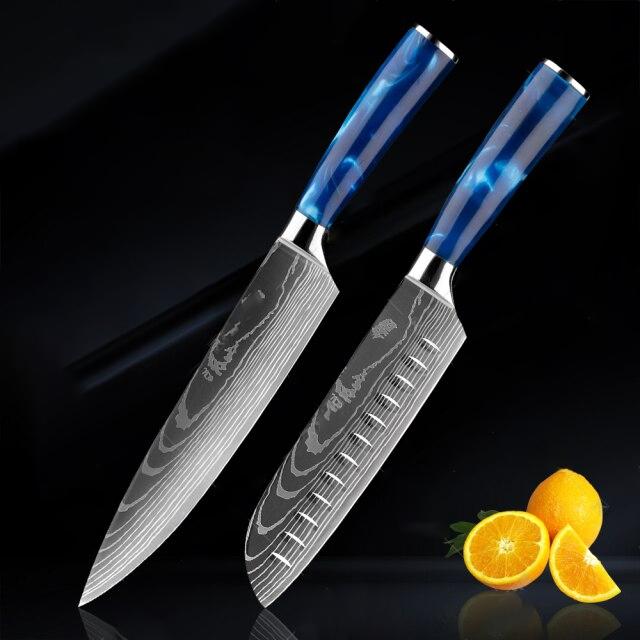 Japanese chef's knife Set with blue handle