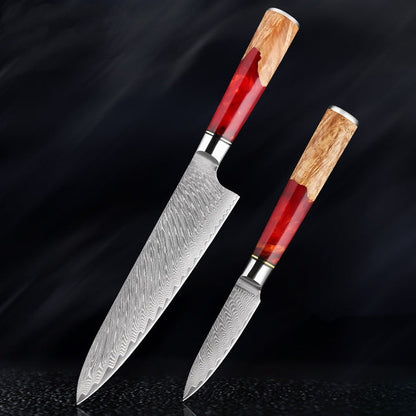 KaitKnives Japanese Damascus Steel Kitchen Knife Set With Coloured Red Handle