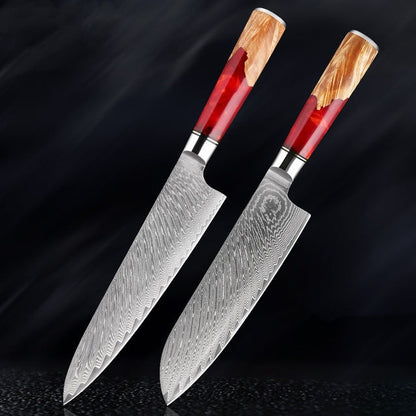 KaitKnives Japanese Damascus Steel Kitchen Knife Set With Coloured Red Handle