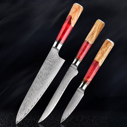 KaitKnives Japanese Damascus Steel Kitchen Knife Set With Coloured Red Handle