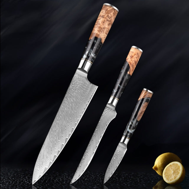 Kaitknives Japanese Damascus Steel Kitchen Knife Set With Coloured Black Handle