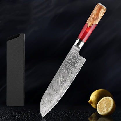 KaitKnives Japanese Damascus Steel Kitchen Knife Set With Coloured Red Handle