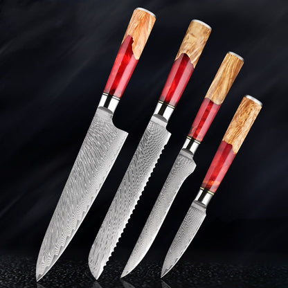 KaitKnives Japanese Damascus Steel Kitchen Knife Set With Coloured Red Handle