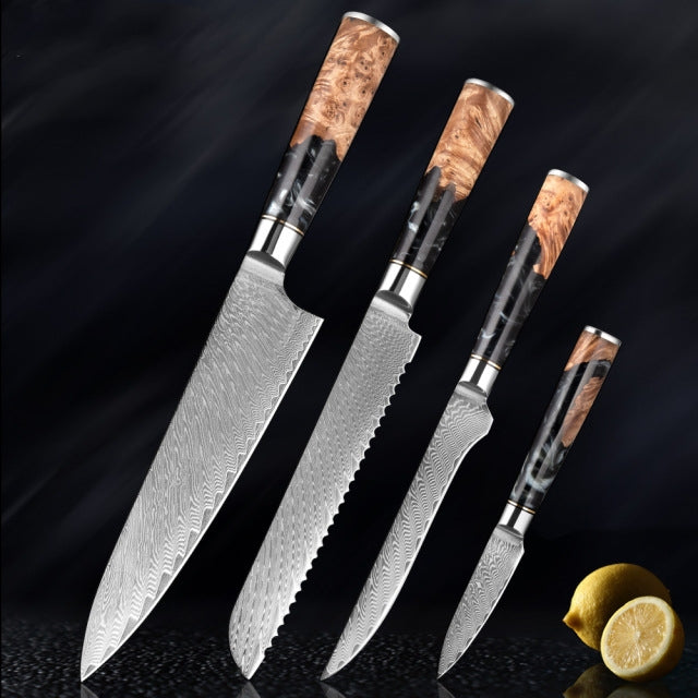 Kaitknives Japanese Damascus Steel Kitchen Knife Set With Coloured Black Handle