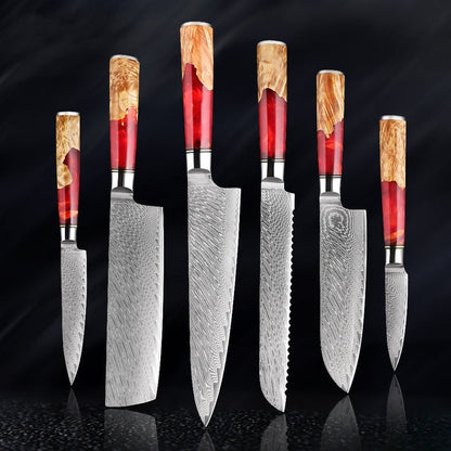 KaitKnives Japanese Damascus Steel Kitchen Knife Set With Coloured Red Handle