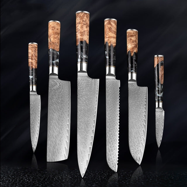 Kaitknives Japanese Damascus Steel Kitchen Knife Set With Coloured Black Handle