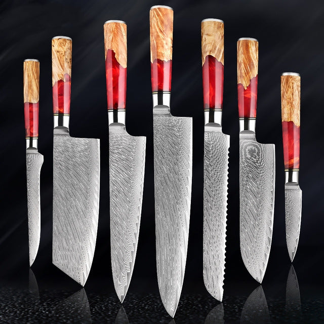 KaitKnives Japanese Damascus Steel Kitchen Knife Set With Coloured Red Handle