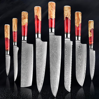 KaitKnives Japanese Damascus Steel Kitchen Knife Set With Coloured Red Handle