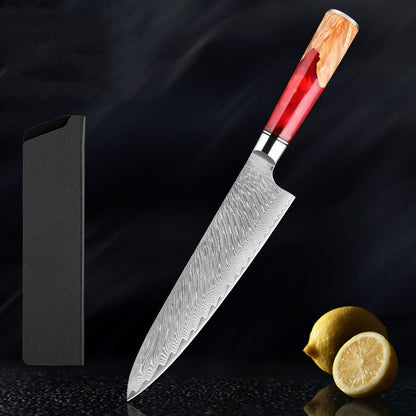 KaitKnives Japanese Damascus Steel Kitchen Knife Set With Coloured Red Handle