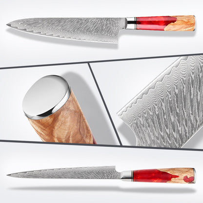 KaitKnives Japanese Damascus Steel Kitchen Knife Set With Coloured Red Handle