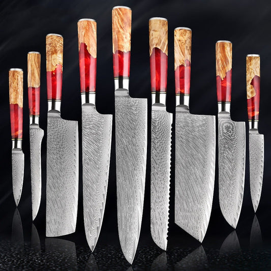 KaitKnives Japanese Damascus Steel Kitchen Knife Set With Coloured Red Handle