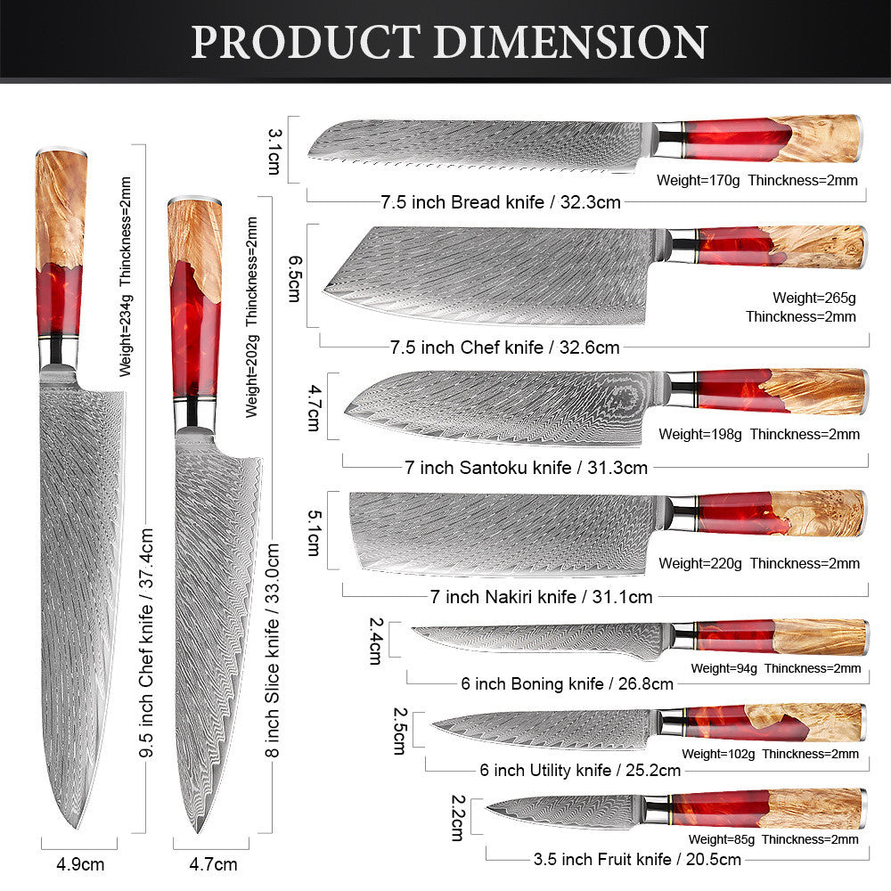 KaitKnives Japanese Damascus Steel Kitchen Knife Set With Coloured Red Handle