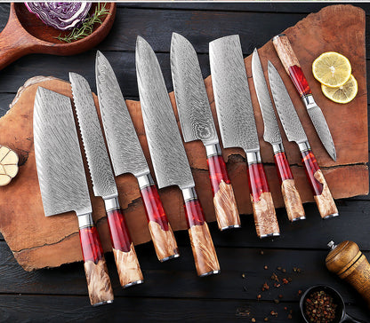 KaitKnives Japanese Damascus Steel Kitchen Knife Set With Coloured Red Handle