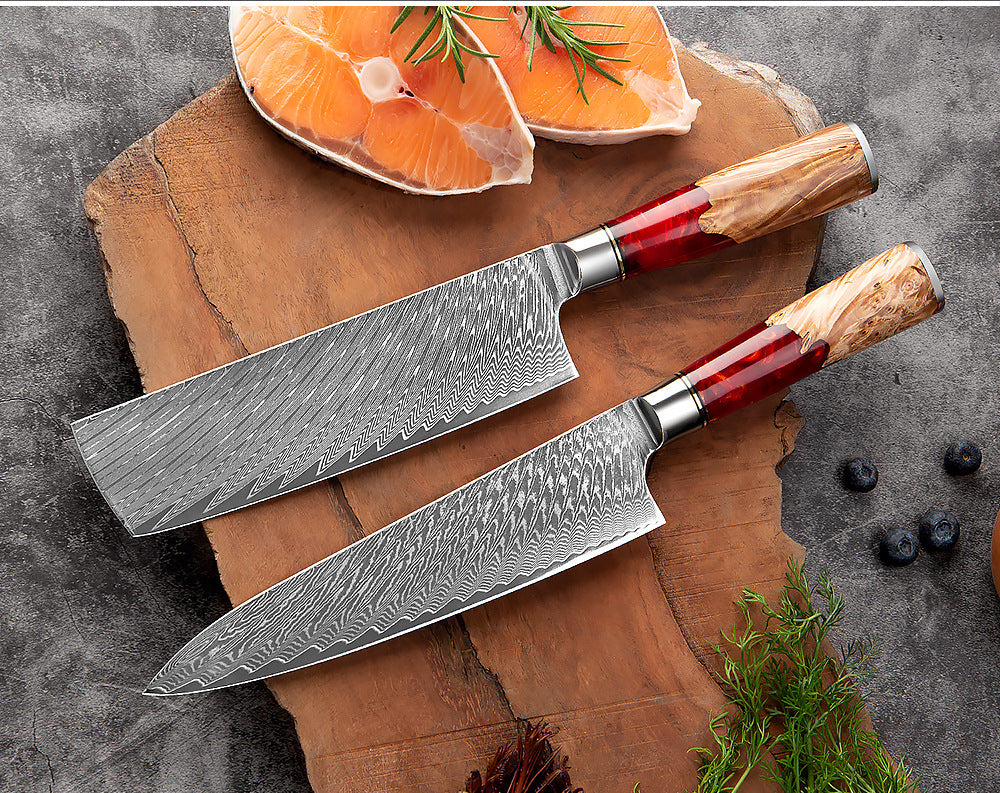 KaitKnives Japanese Damascus Steel Kitchen Knife Set With Coloured Red Handle