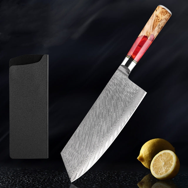 KaitKnives Japanese Damascus Steel Kitchen Knife Set With Coloured Red Handle