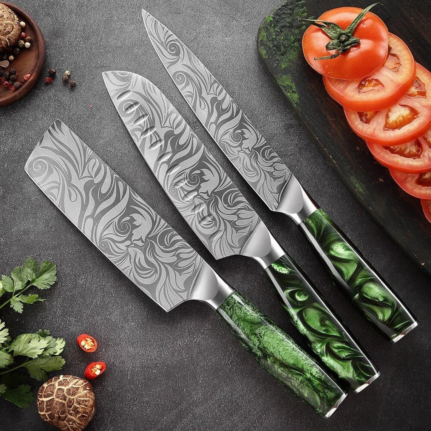 Japanese Style Kitchen Knife Sets - Green Rose Handle