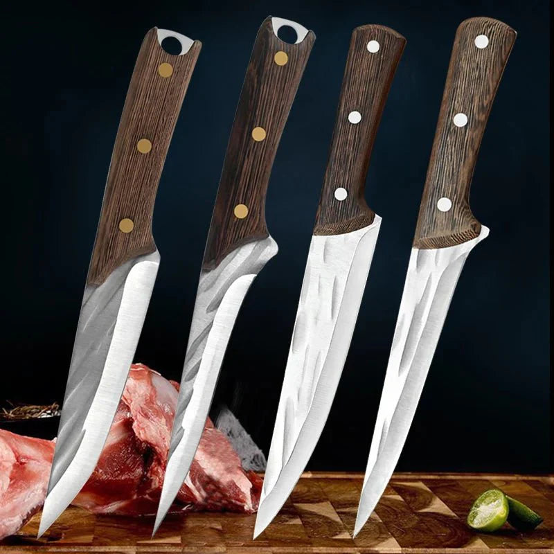 Hand Forged Boning Knife Chef Knife Cleaver Knife With Leather Sheath, 4-Piece