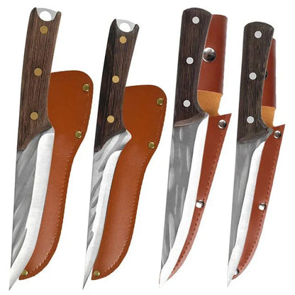 Hand Forged Boning Knife Chef Knife Cleaver Knife With Leather Sheath, 4-Piece