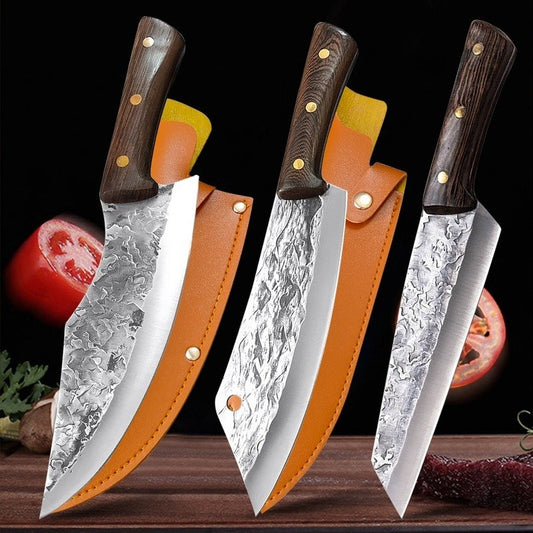 Hand Forged Butcher Knife Set With Leather Sheath